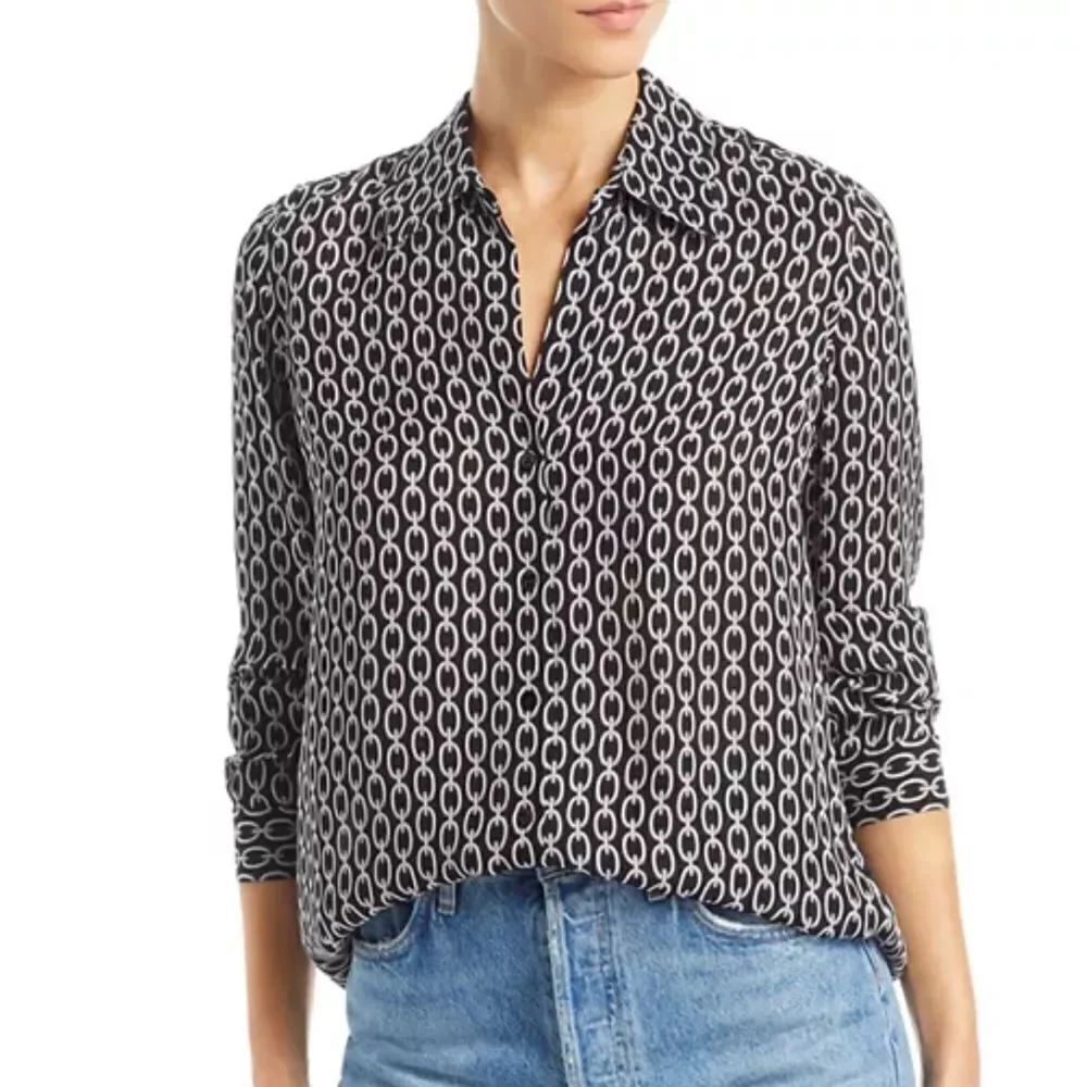 L'AGENCE Nina Black & White Chain Print Silk Blouse XS $390